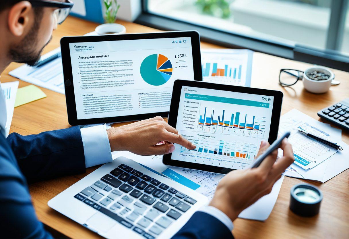 A split image depicting a person analyzing various insurance policies on a digital tablet, alongside an infographic showcasing comparison charts and insights. Include elements like magnifying glasses, calculators, and colorful graphs to reflect strategy and analysis. The background should feature a clutter-free and modern office space to enhance focus. Include a subtle overlay of icons representing different types of insurance (health, auto, home). vibrant colors. clean lines. vector art.