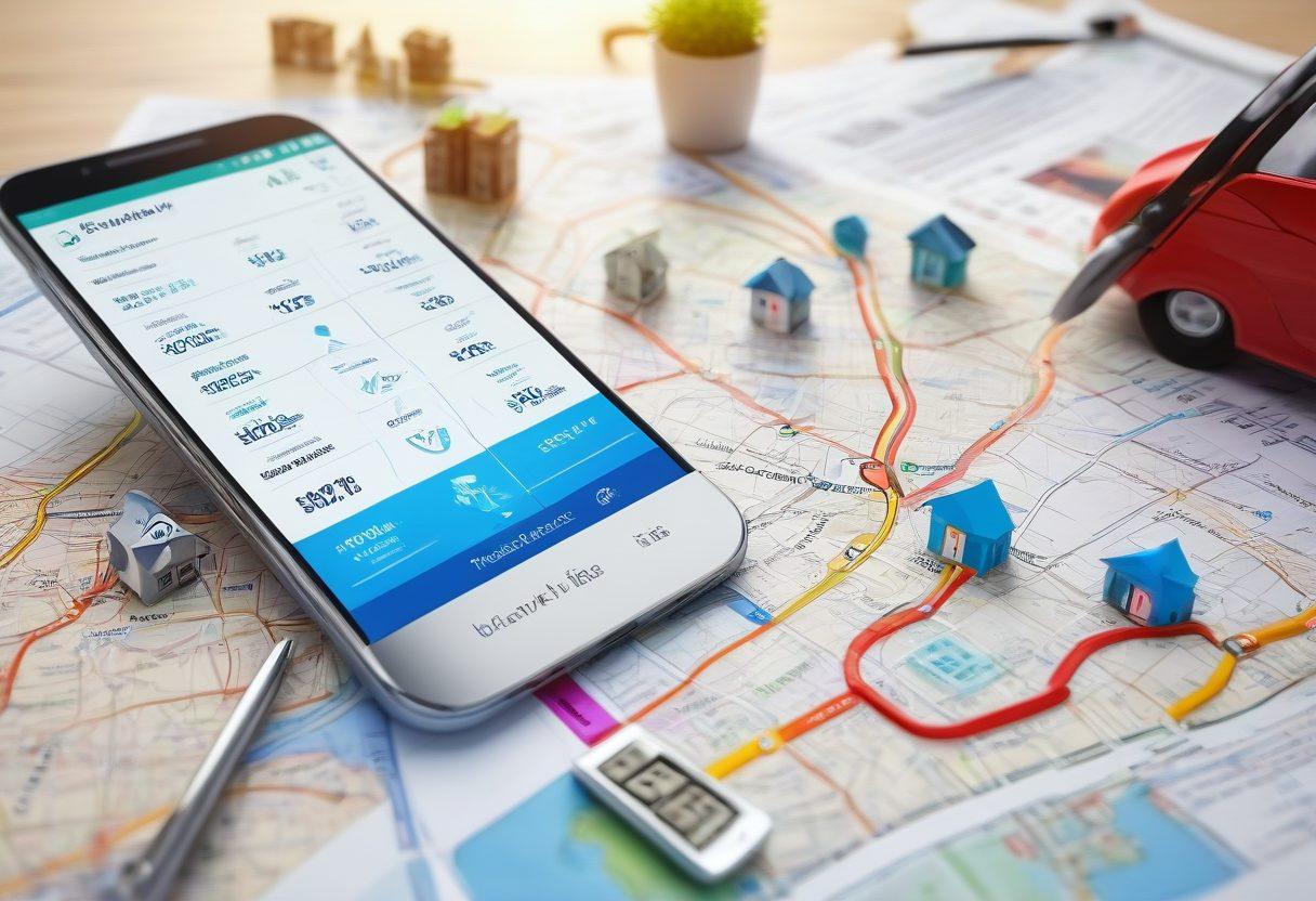A thoughtful person analyzing a digital map of the insurance market, surrounded by various symbols representing health, car, and home insurance. There should be highlighted paths leading to icons of affordability, such as dollar signs and checkmarks, with vibrant colors that signify clarity and insight. Include elements like a calculator and a smartphone displaying insurance quotes for a modern touch. super-realistic. vibrant colors. 3D.