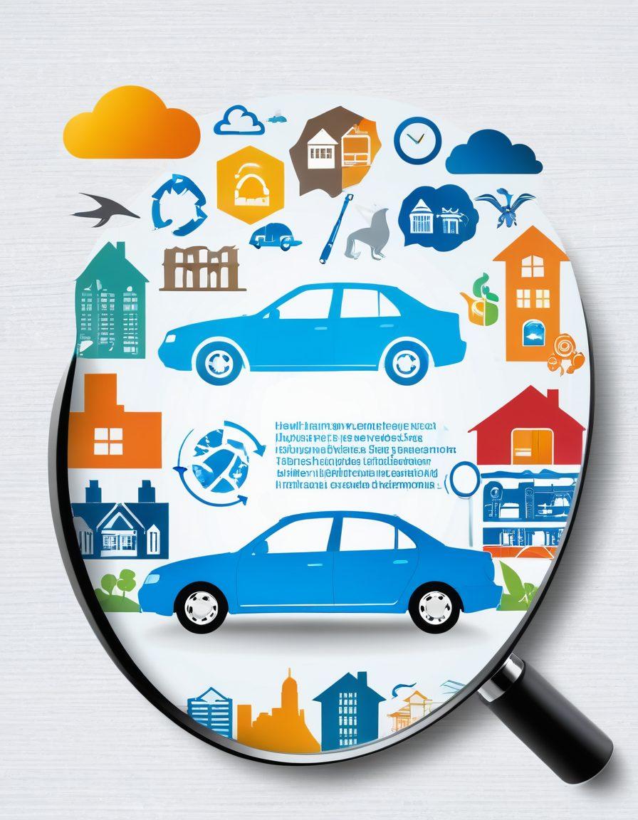 A collage of various insurance products like health, auto, and home insurance, visually represented with vibrant icons and infographics illustrating expert insights and recommendations. The background should feature a magnifying glass symbolizing discovery and exploration of options. Use bright colors to convey trust and reliability, and include subtle elements of a skyline to represent security and community. super-realistic. vibrant colors. white background.